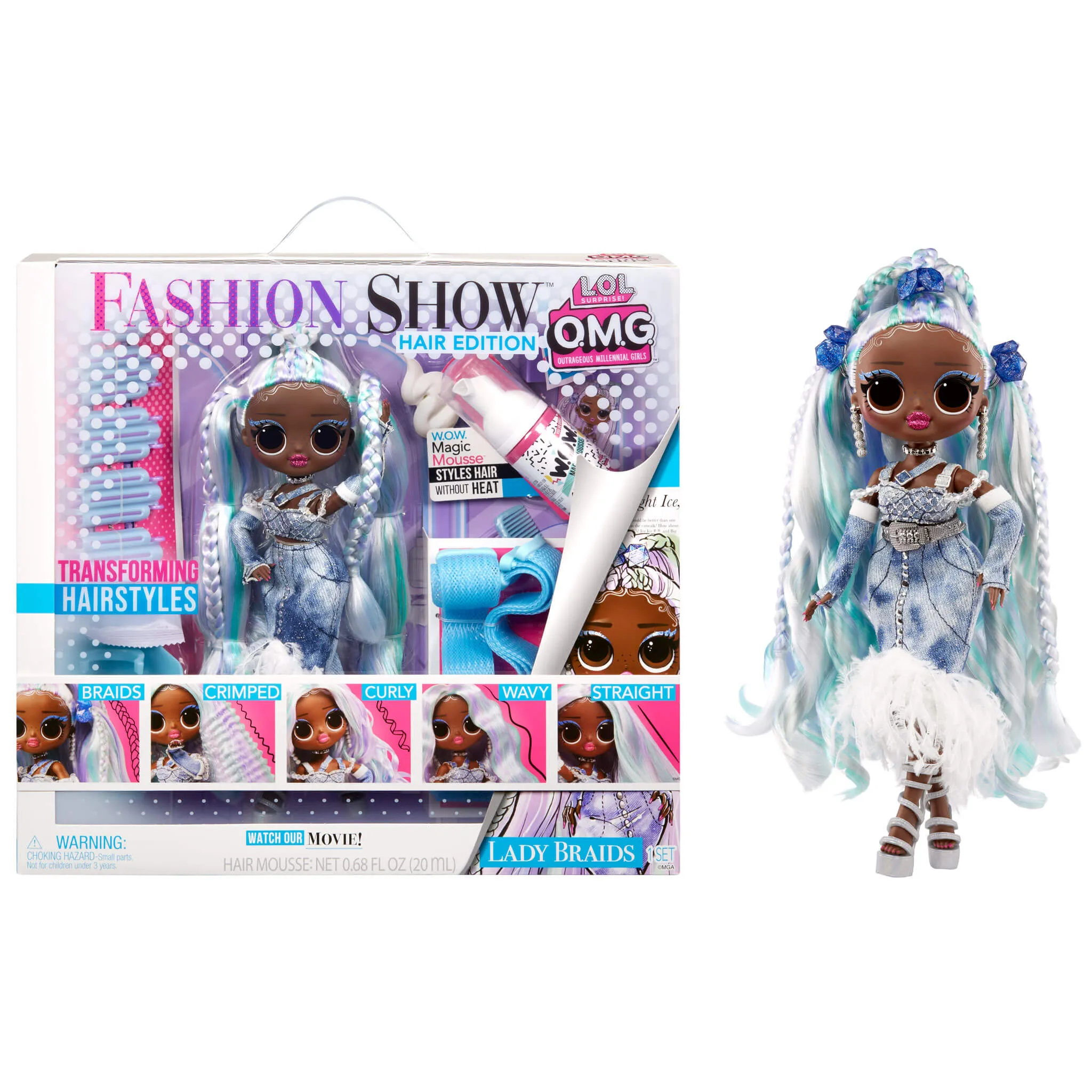 LOL Surprise OMG Fashion Show Hair Edition Lady Braids Fashion Doll with Transforming Hair