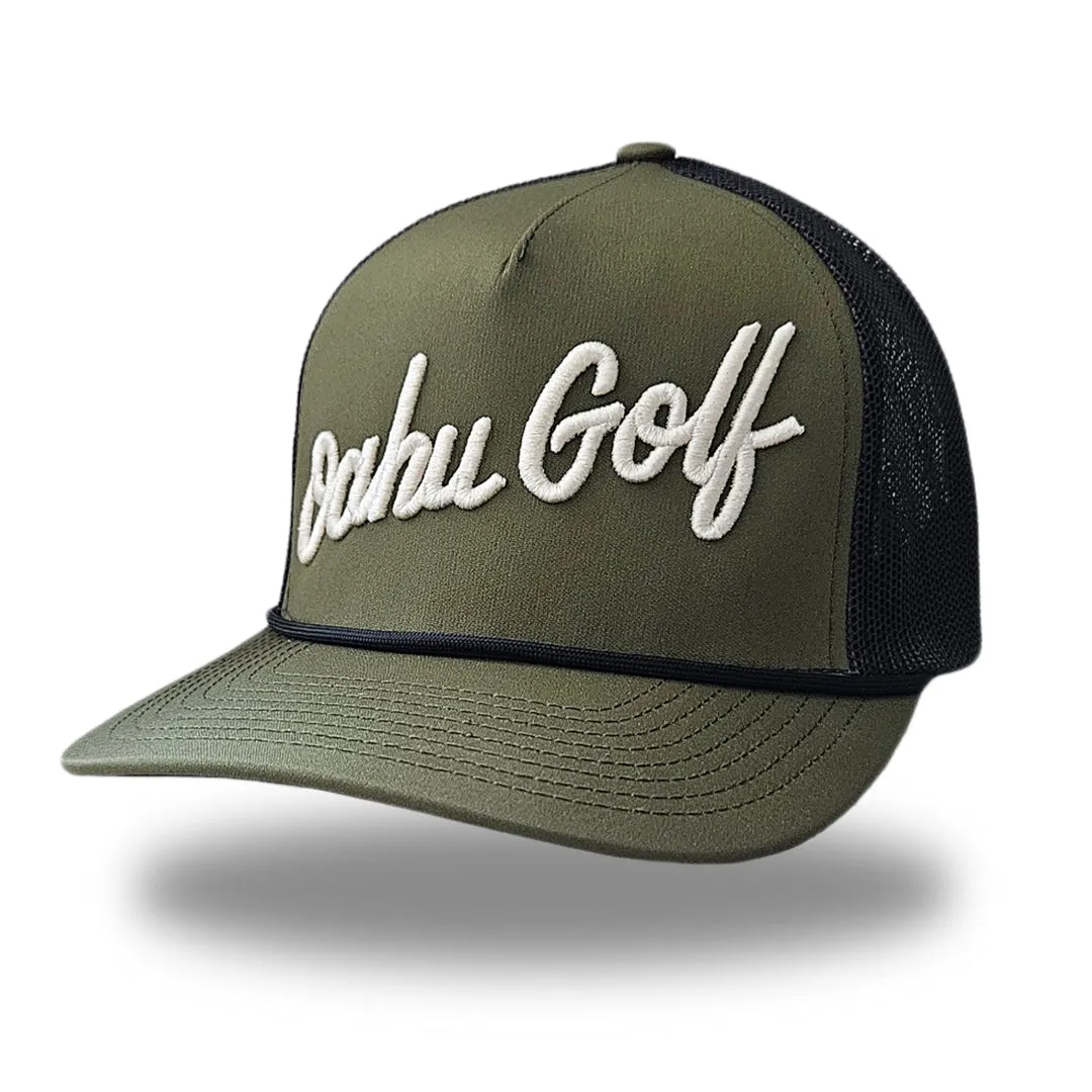 "OG Script Trucker" - Lau Lau Green/Black Trucker Snapback - Cream OG Script