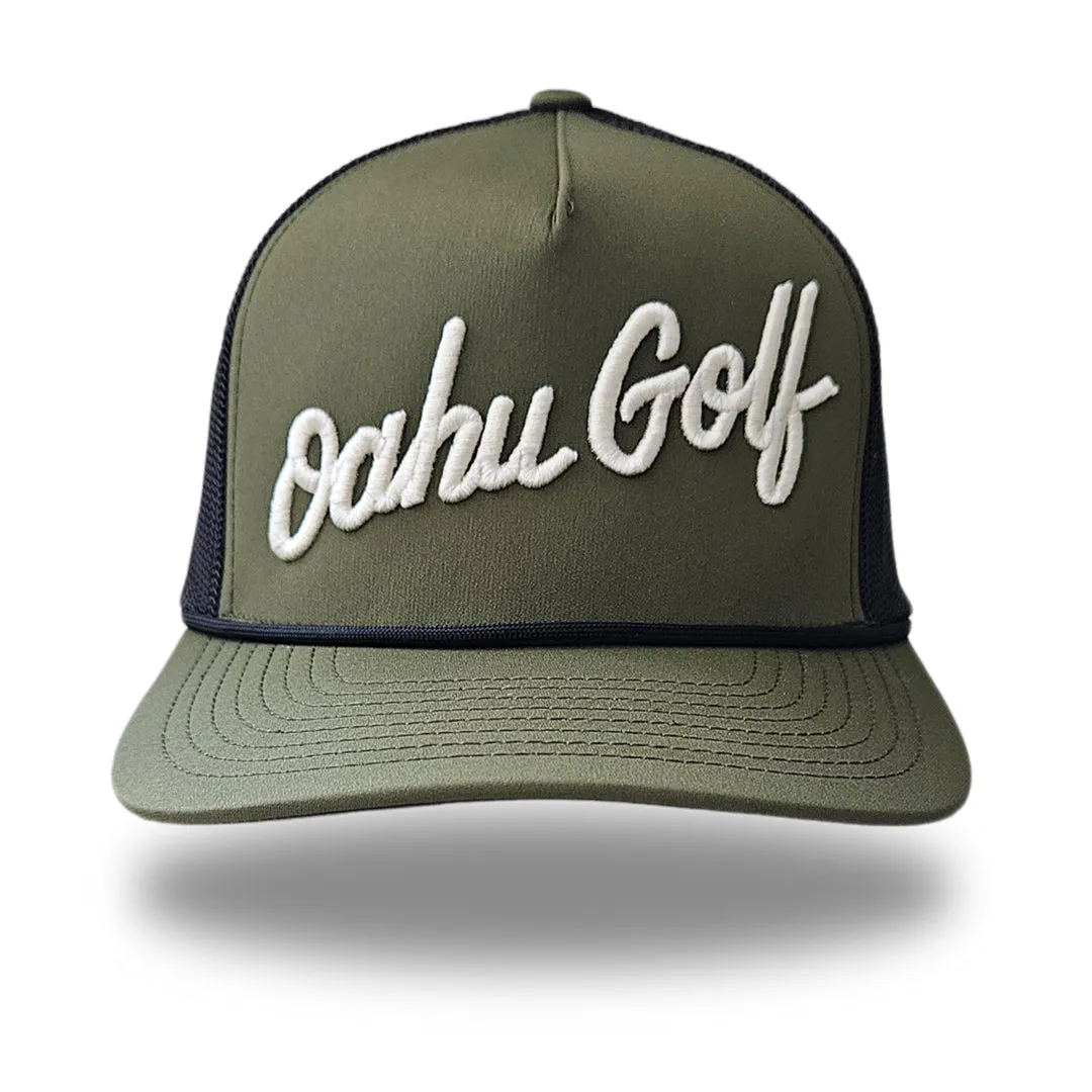 "OG Script Trucker" - Lau Lau Green/Black Trucker Snapback - Cream OG Script