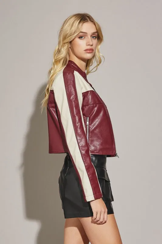 Waitlist 12/10 ♥ Tracie Vegan Leather Cropped Color Block Moto Jacket Burgundy