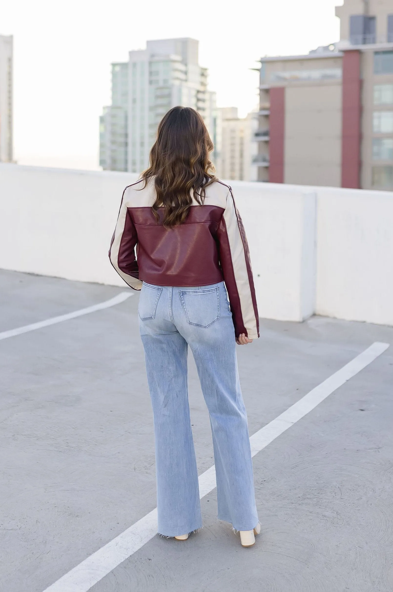 Waitlist 12/10 ♥ Tracie Vegan Leather Cropped Color Block Moto Jacket Burgundy