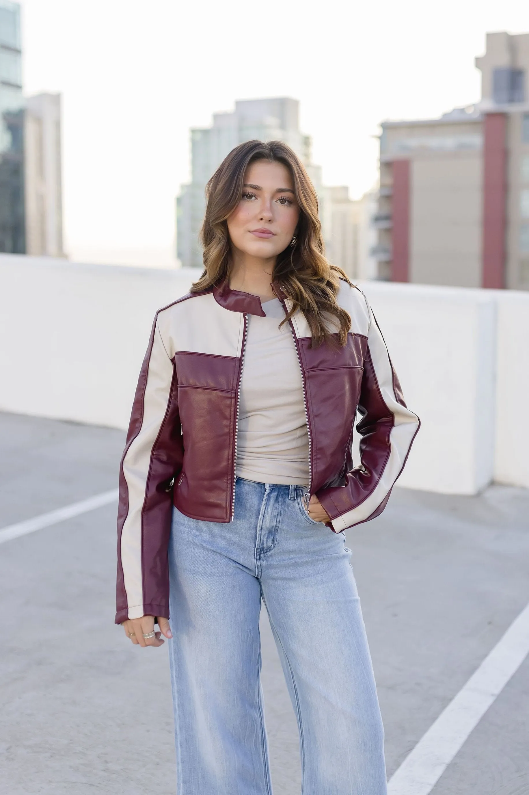 Waitlist 12/10 ♥ Tracie Vegan Leather Cropped Color Block Moto Jacket Burgundy