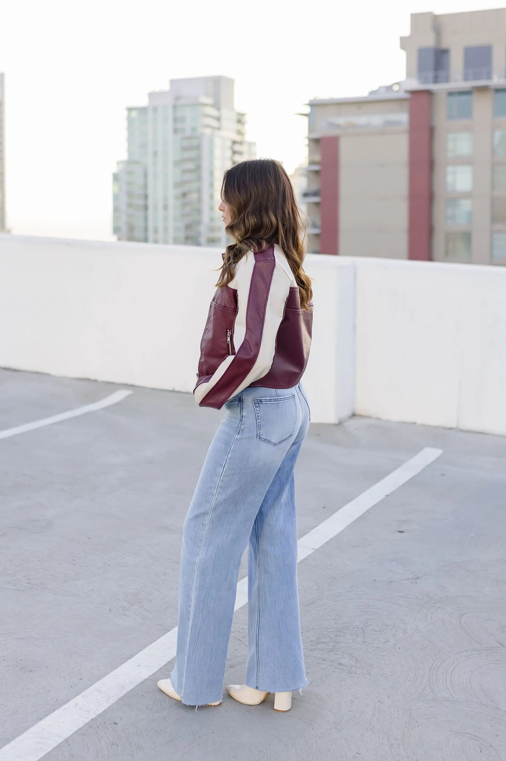 Waitlist 12/10 ♥ Tracie Vegan Leather Cropped Color Block Moto Jacket Burgundy