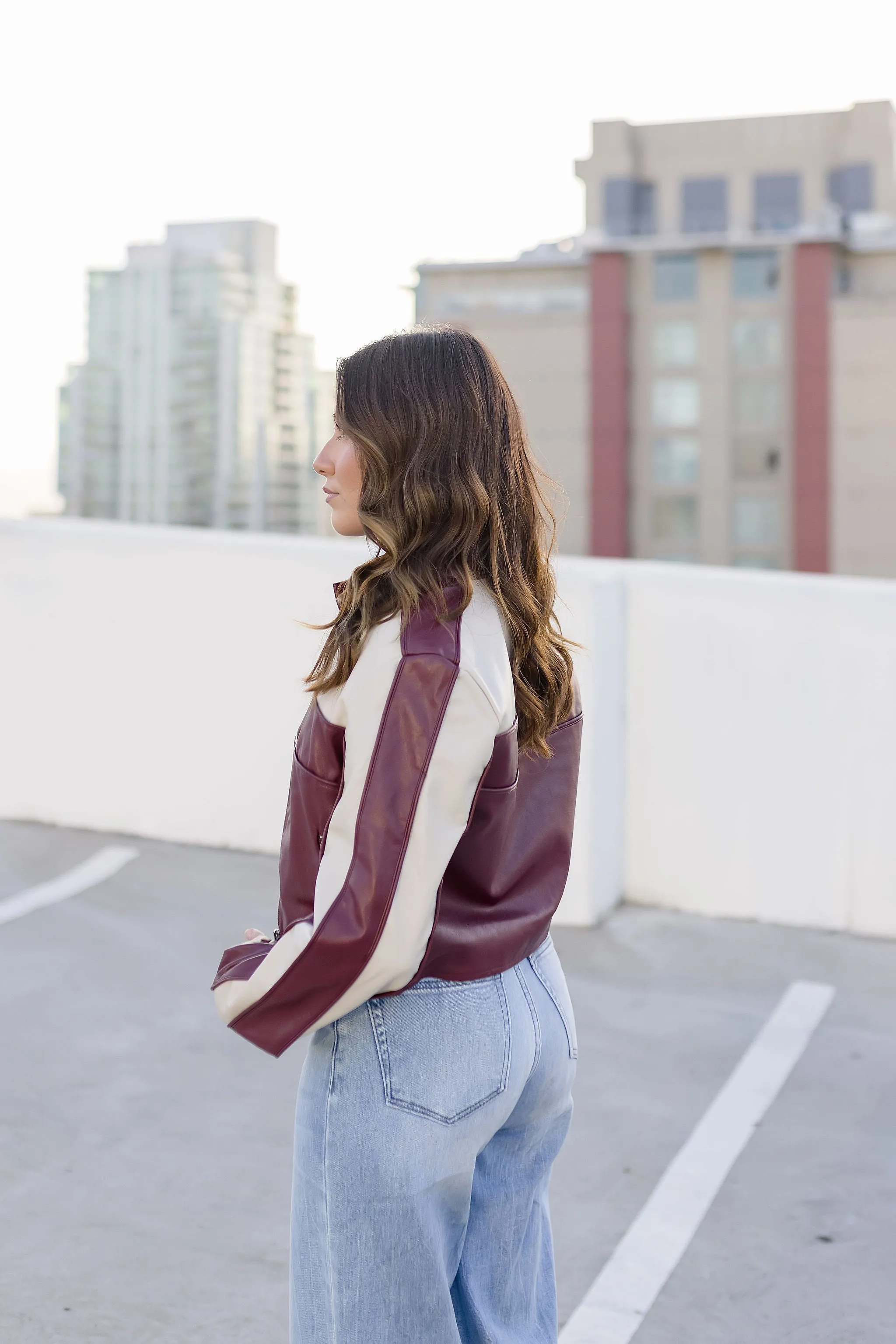 Waitlist 12/10 ♥ Tracie Vegan Leather Cropped Color Block Moto Jacket Burgundy