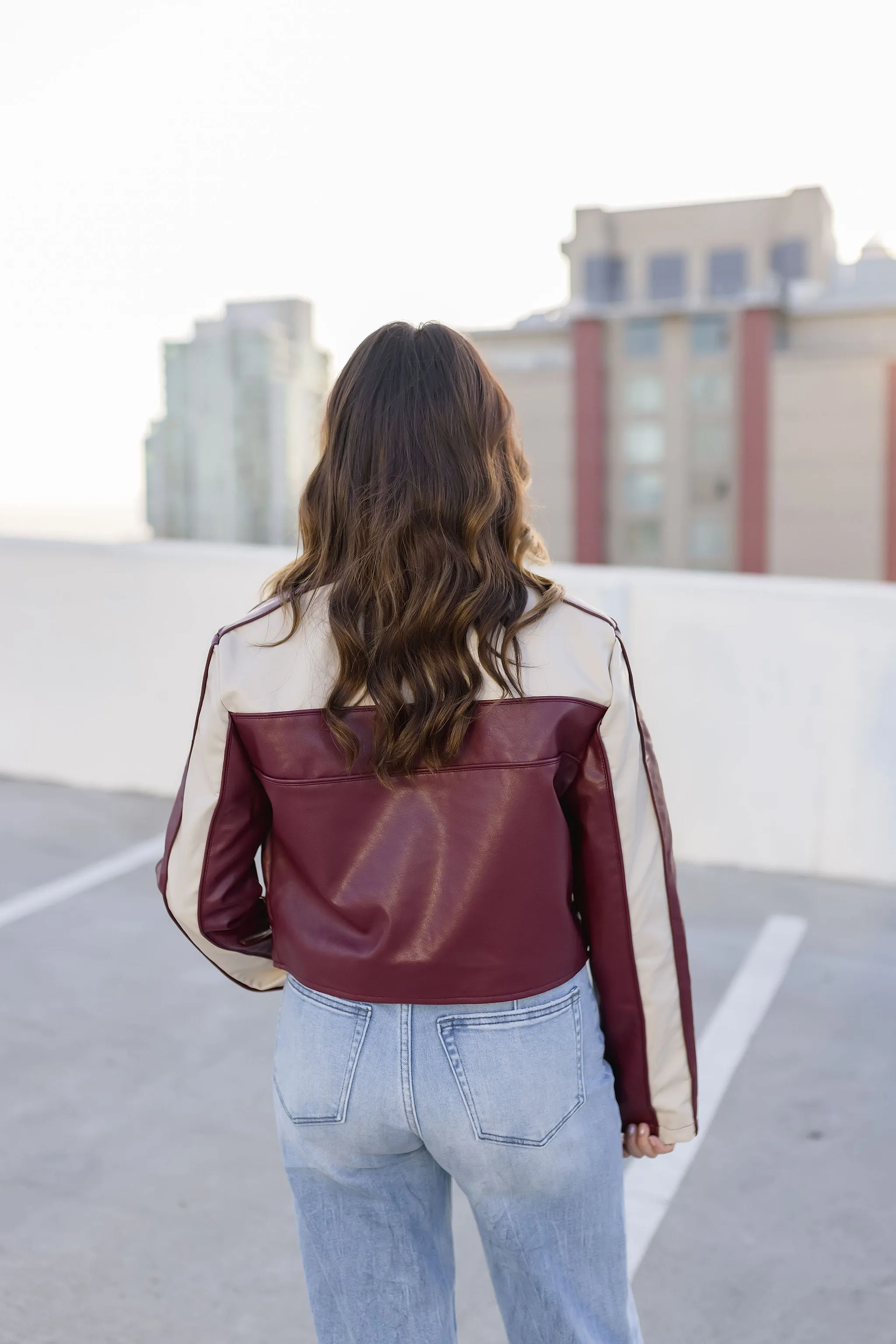 Waitlist 12/10 ♥ Tracie Vegan Leather Cropped Color Block Moto Jacket Burgundy