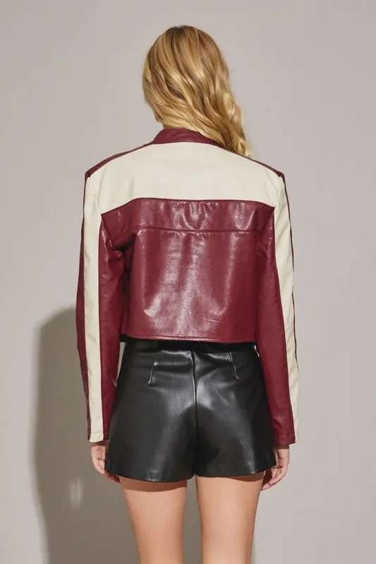 Waitlist 12/10 ♥ Tracie Vegan Leather Cropped Color Block Moto Jacket Burgundy